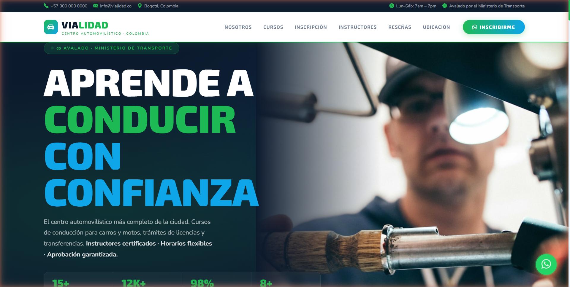 Escuela de Conducción Vialidad — Landing page para escuela de conducción con catálogo de cursos, perfiles de instructores e inscripción en línea.