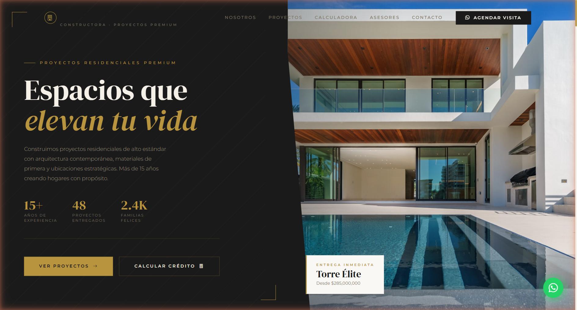 Premium Homes — Sitio para constructora con listados de propiedades, tours virtuales e integración con calculadora de hipoteca.