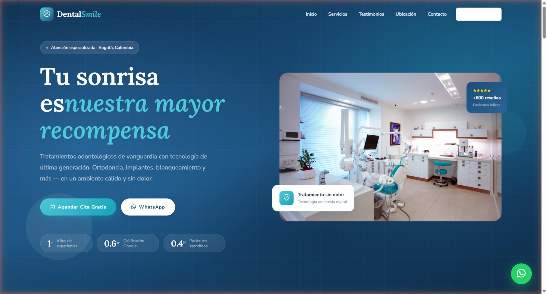 DentalSmile — Landing page para clínica dental con reserva de citas, testimonios de pacientes e integración con WhatsApp.