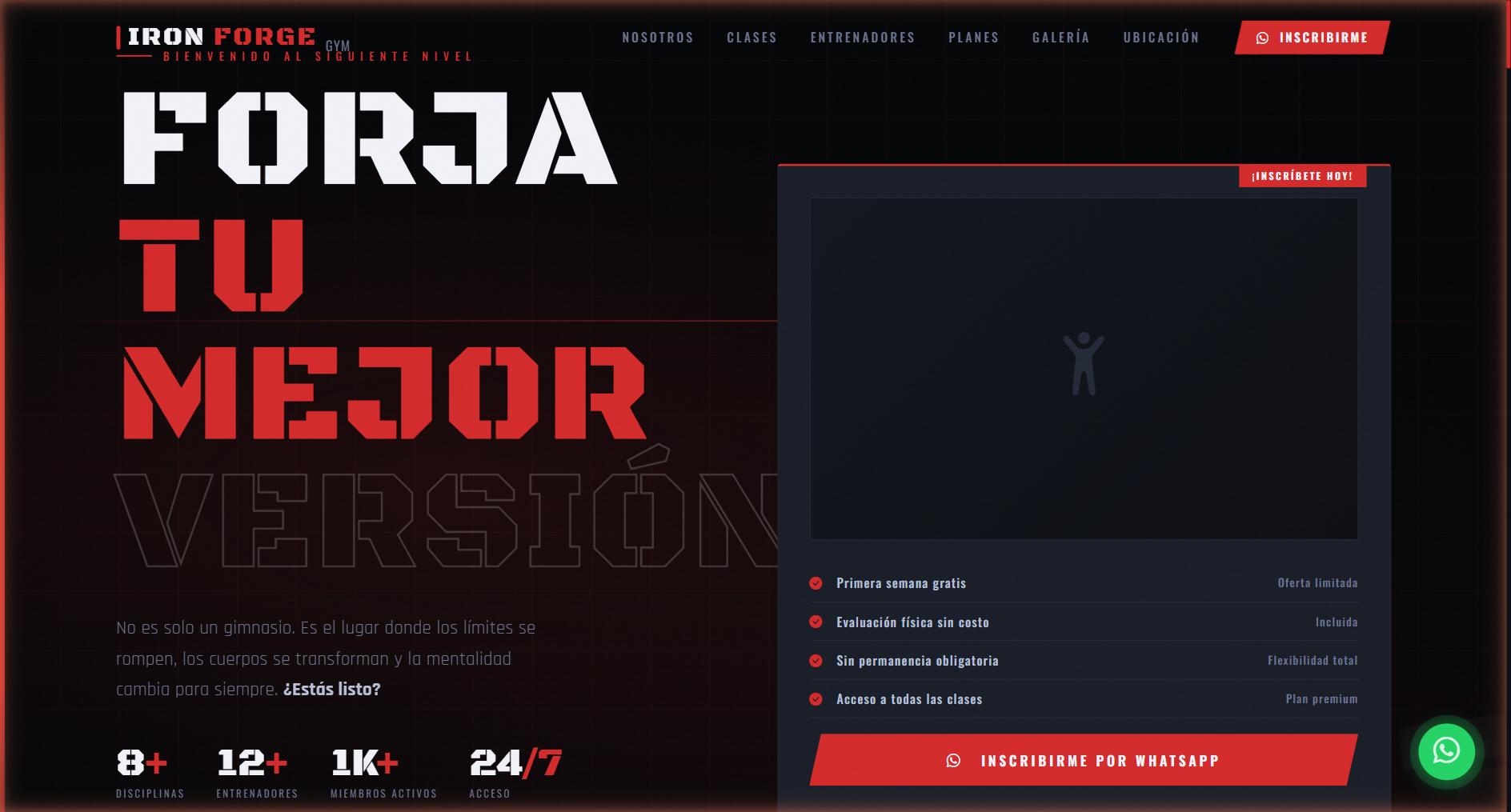 IronForge Gym — Landing page de alta energía para gimnasio con planes de membresía, galería de entrenadores y formulario de captura de leads.