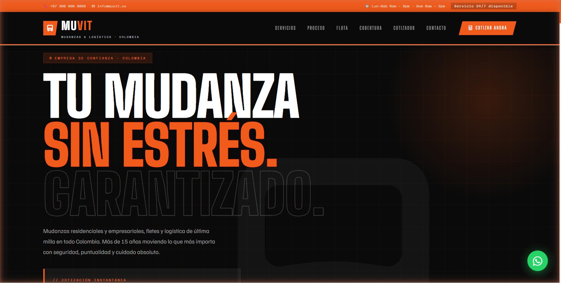 MuvIt Mudanzas — Sitio para empresa de mudanzas y logística con planes de servicio, calculadora de cotización instantánea y galería de flota.