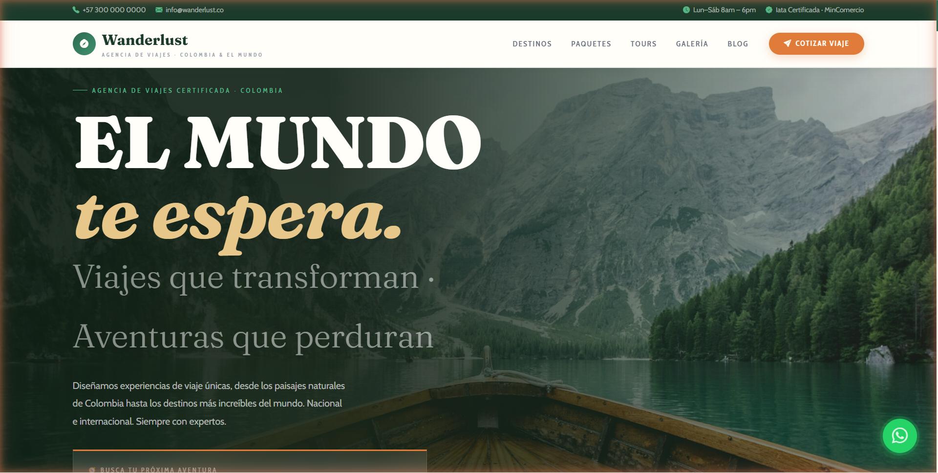 Colombia Viva Tours — Landing page de turismo de aventura con imágenes inmersivas, previews de itinerarios y formulario de cotización.