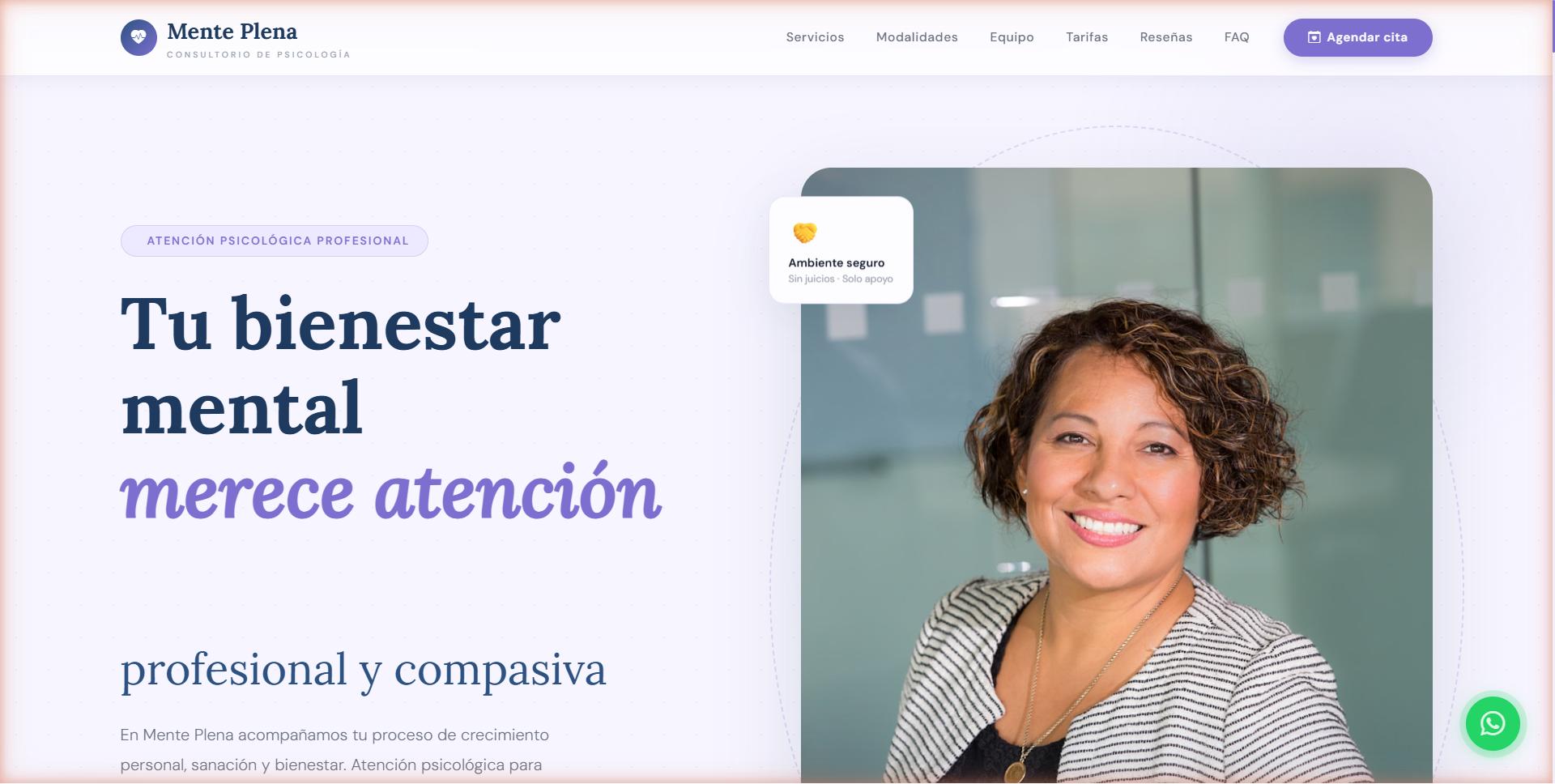 Psicología Mente Plena — Sitio para consultorio de psicología con perfiles de terapeutas, reserva de sesiones e información de tarifas.