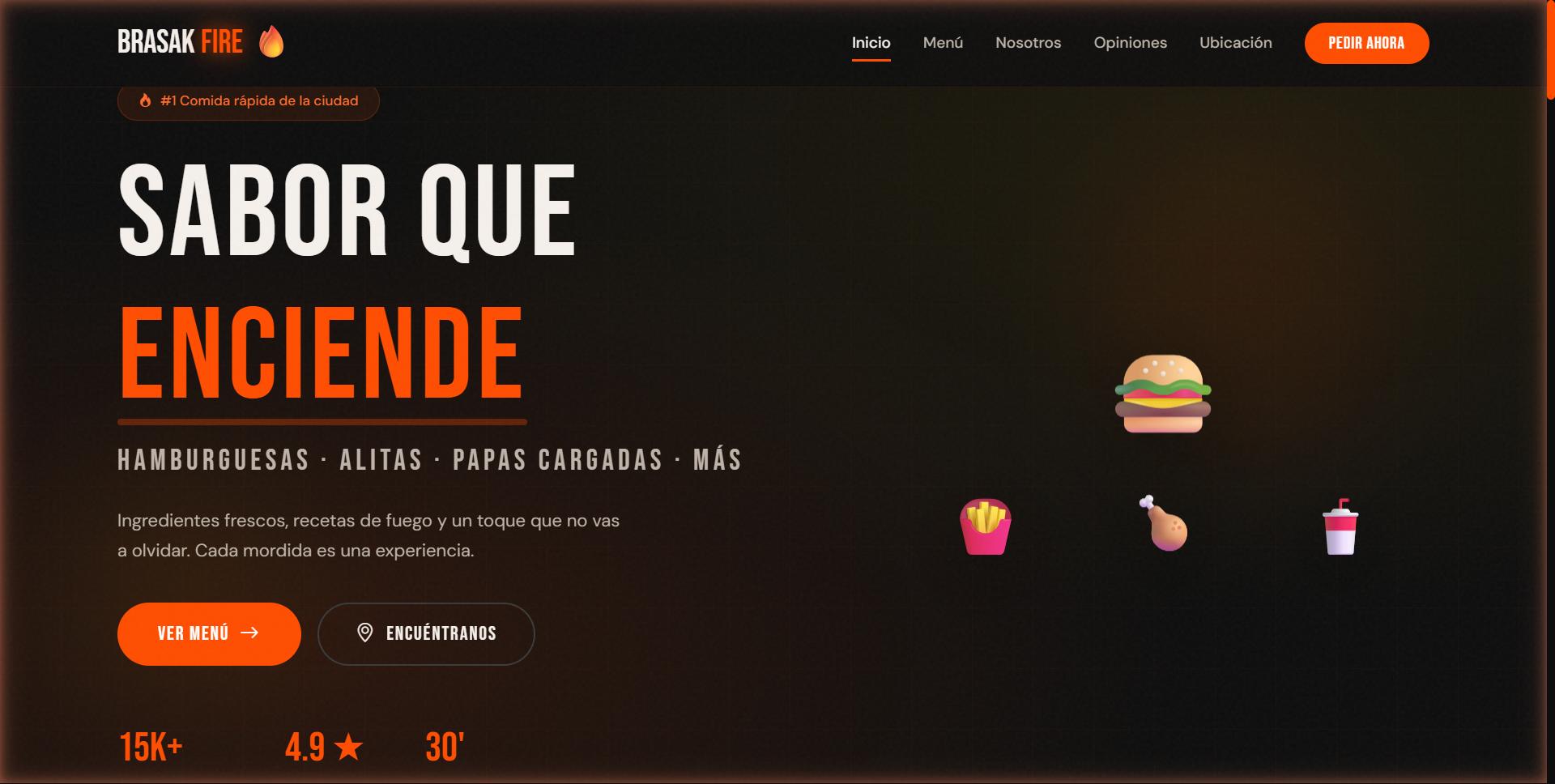 BrasakFire — Landing page para restaurante de parrilla con menú destacado, reservas en línea e integración con Google Maps.
