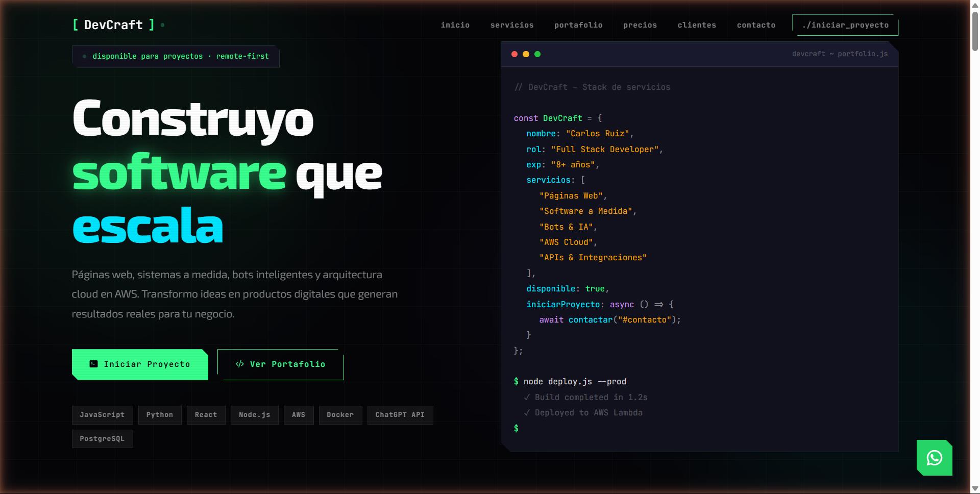 DevCraft Software — Portafolio de desarrollador con preview de código en vivo, showcase de stack y casos de estudio.