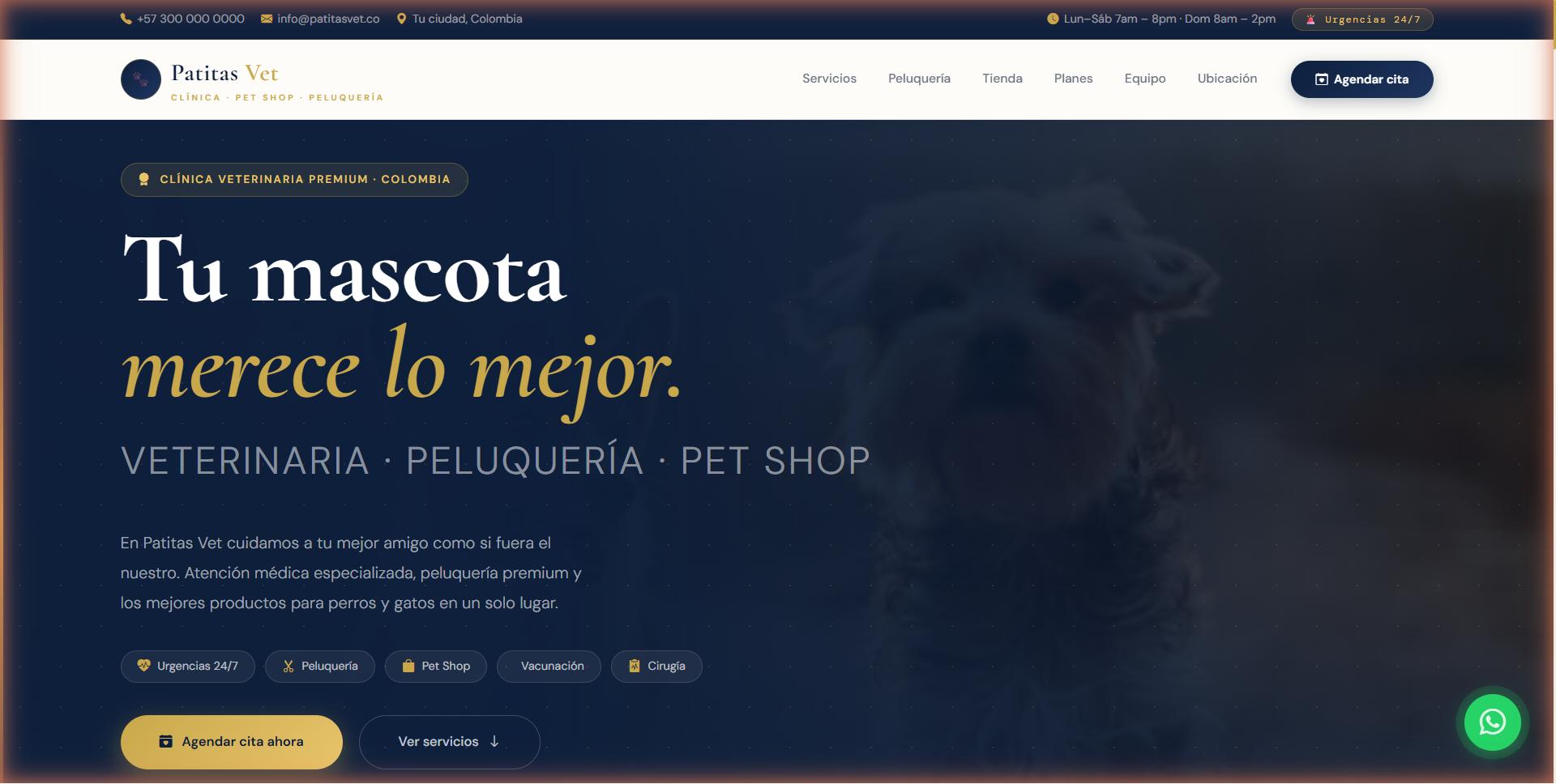 Patitas Vet — Sitio para clínica veterinaria con servicios, reserva de citas, sección de peluquería canina e información de emergencias.